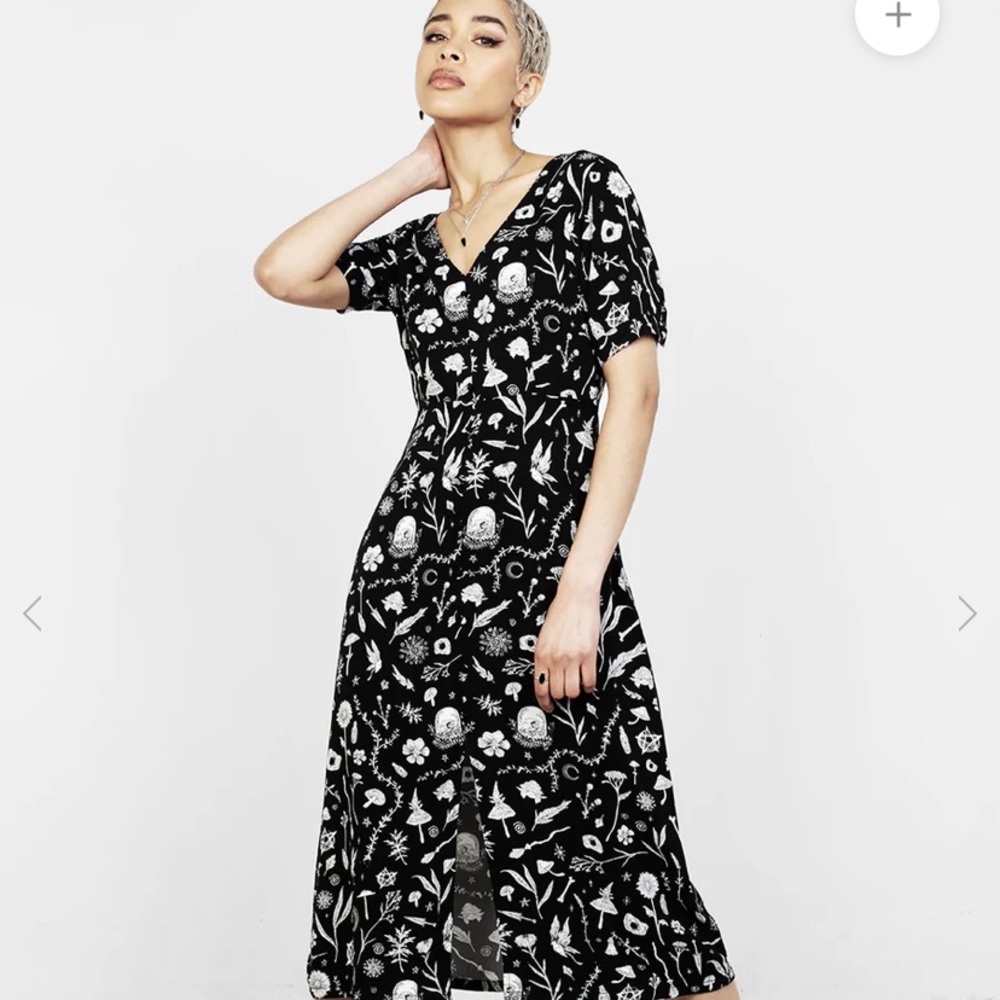 Disturbia Black Midi Dress with White Botanical & Skull Print